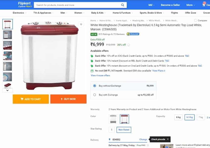 FLIPKART WASHING MATCINE