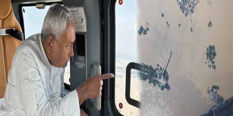 CM Nitish Kumar on an aerial survey to take stock of floods in Bihar